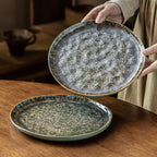Chinese Pine Soot Green Ceramic Plate, 8.7 inch Vintage Kiln-Glazed Dinner Plate, Rustic Stoneware Salad & Dessert Dish, Microwave Safe