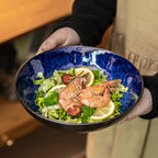Misty Blue Kiln-Glazed Ceramic Salad Bowl, 7.4 inch Vintage Gradient Stoneware Soup Bowl, Luxury Retro Style Pasta & Noodle Bowl, Microwave Safe