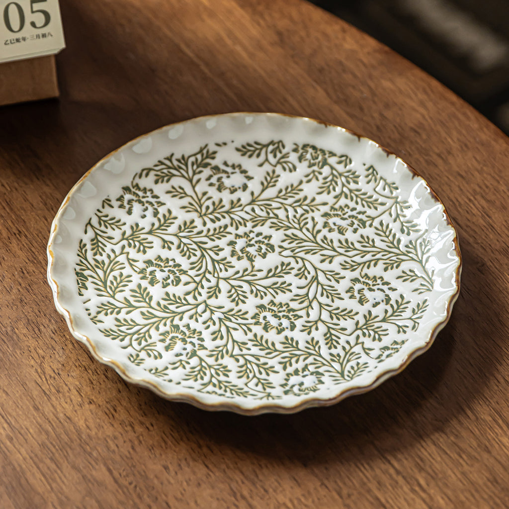 Green Ceramic Plate with Relief Pattern - Elegant French Floral Print Dinner Plate for Brunch, Salad, Fruit & Cake - Microwave & Dishwasher Safe