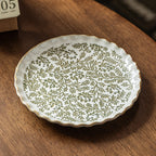 Green Ceramic Plate with Relief Pattern - Elegant French Floral Print Dinner Plate for Brunch, Salad, Fruit & Cake - Microwave & Dishwasher Safe