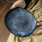 Chengyun Blue Irregular Ceramic Plate, 8 inch Vintage Kiln-Glazed Salad Plate, Luxury Retro Style Stoneware Dinner Dish, Microwave Safe