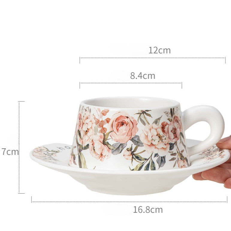 French Floral Porcelain Coffee Cup and Saucer Set, 12oz Botanical Tea Cup, Vintage Style Espresso Mugs with Antique Flower Print, Microwave Safe