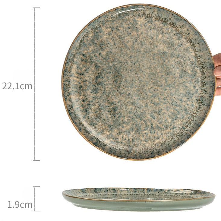 Chinese Pine Soot Green Ceramic Plate, 8.7 inch Vintage Kiln-Glazed Dinner Plate, Rustic Stoneware Salad & Dessert Dish, Microwave Safe