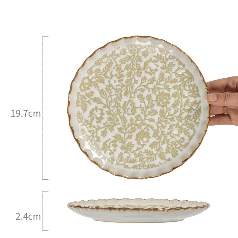 Green Ceramic Plate with Relief Pattern - Elegant French Floral Print Dinner Plate for Brunch, Salad, Fruit & Cake - Microwave & Dishwasher Safe