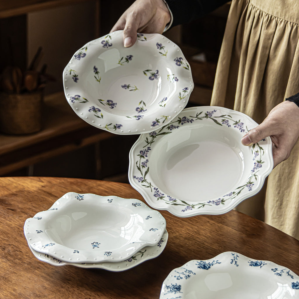 French Style Scalloped Ceramic Plate | 8.4 inch Retro Floral Dinner Plate for Salad, Pasta & Fruit | Vintage Aesthetic Dishes