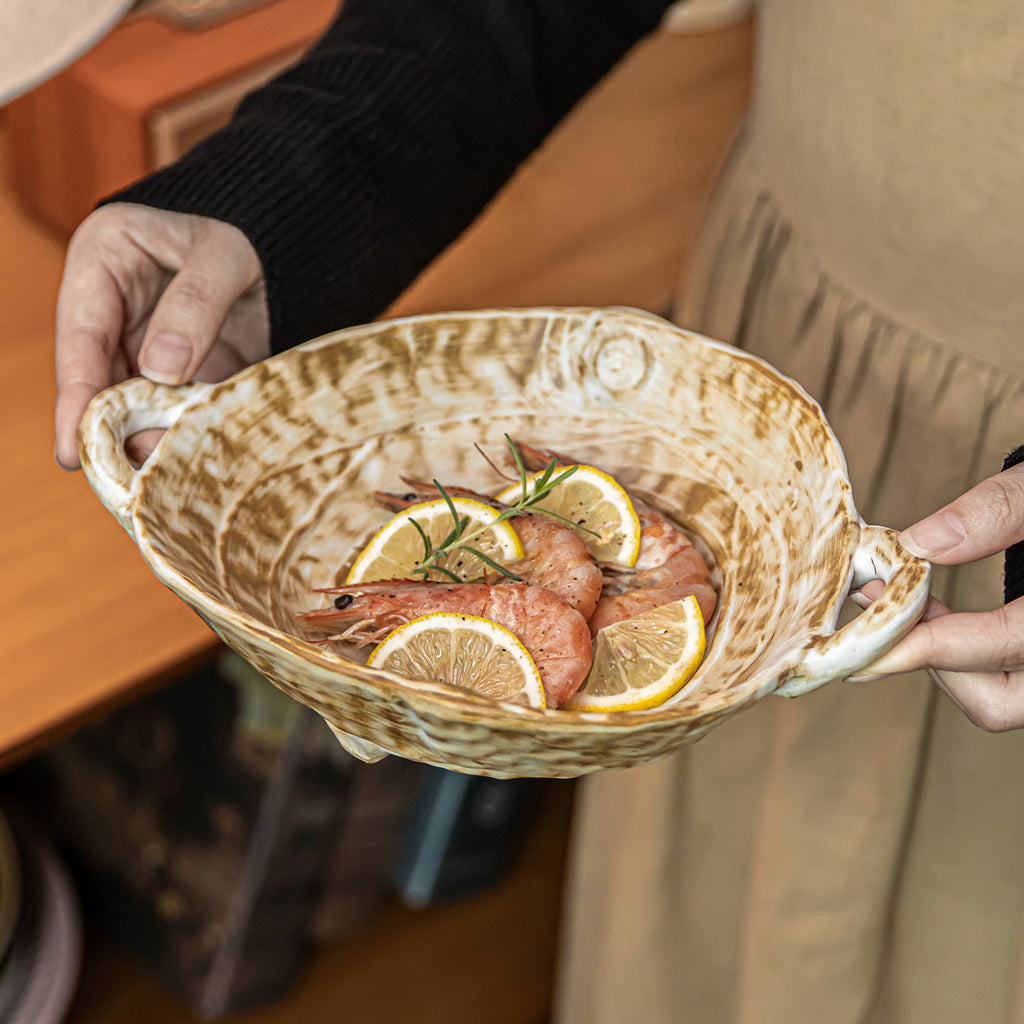 Rustic Double-Ear Ceramic Bowl, 7.5 inch Japanese Style Stoneware Salad & Ramen Bowl, Vintage Kiln-Glazed Soup Bowl with Handles, Microwave Safe
