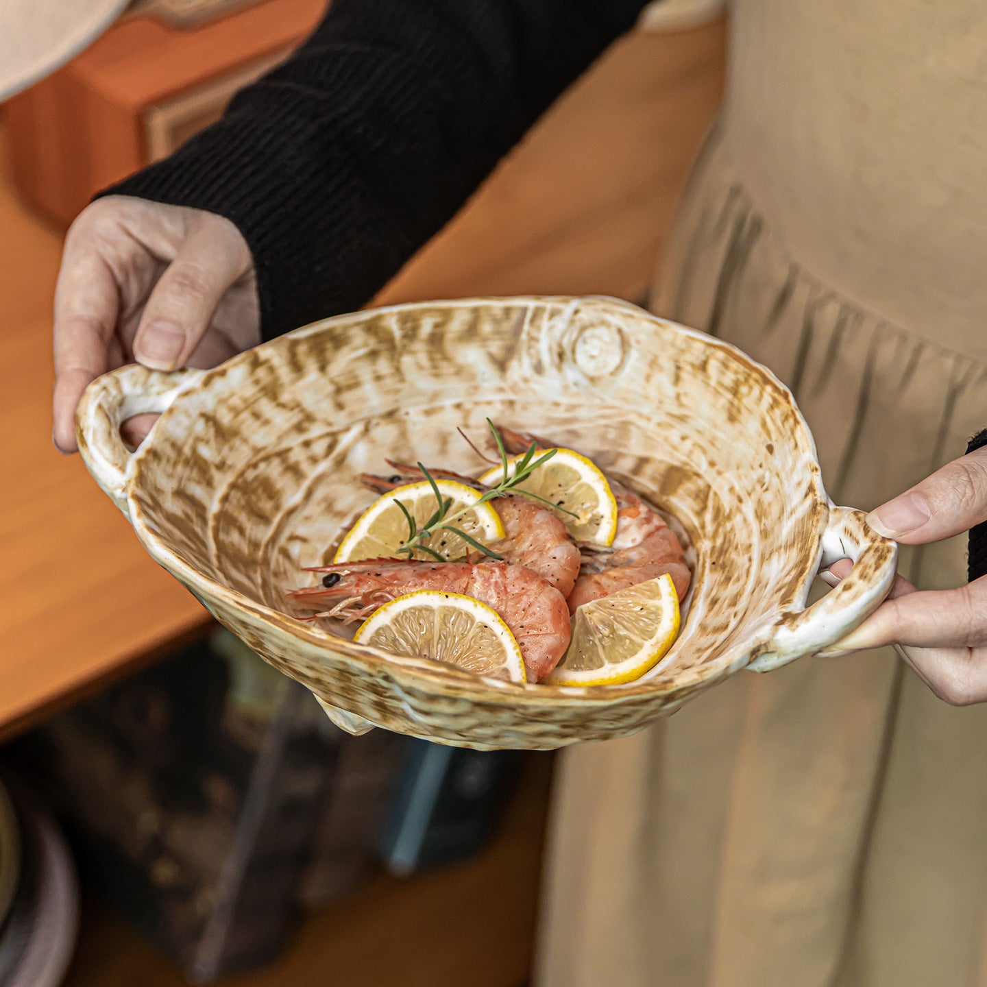 Rustic Double-Ear Ceramic Bowl, 7.5 inch Japanese Style Stoneware Salad & Ramen Bowl, Vintage Kiln-Glazed Soup Bowl with Handles, Microwave Safe
