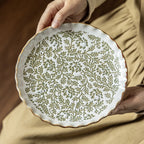 Green Ceramic Plate with Relief Pattern - Elegant French Floral Print Dinner Plate for Brunch, Salad, Fruit & Cake - Microwave & Dishwasher Safe