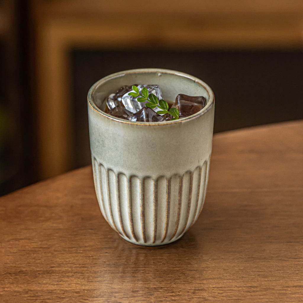 Japanese Kiln Change Glaze Ceramic Cup - Handleless Zen Style Tea/Wine Glass, 230ml, Beige & Grey