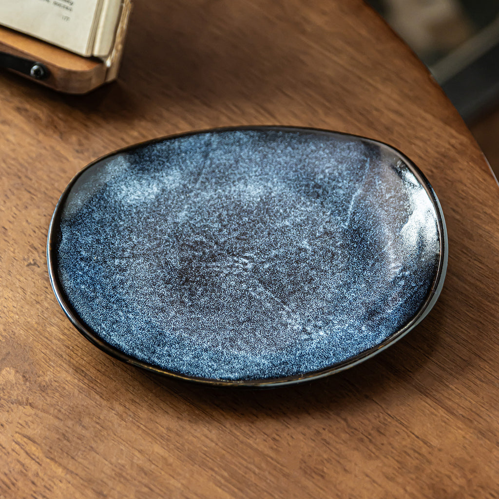 Chengyun Blue Irregular Ceramic Plate, 8 inch Vintage Kiln-Glazed Salad Plate, Luxury Retro Style Stoneware Dinner Dish, Microwave Safe