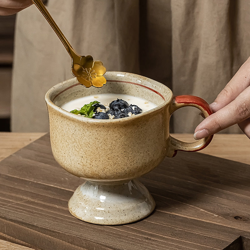 Vintage High-Stem Ceramic Coffee Cup | "Moye Brown" Wabi-Sabi Glaze | Unique Handcrafted Mug | Imperfect Beauty Style