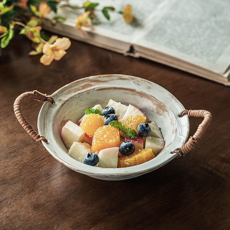 Retro Rope Handle Ceramic Bowl - Japanese Style Earthenware Deep Plate for Salad, Noodle, Soup (6.3" / 7.5")