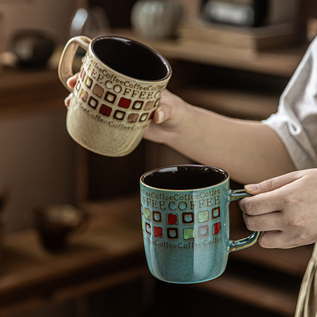 Retro Gingham Ceramic Mug - 400ml Vintage Breakfast Coffee Cup for Home, Office & Couples