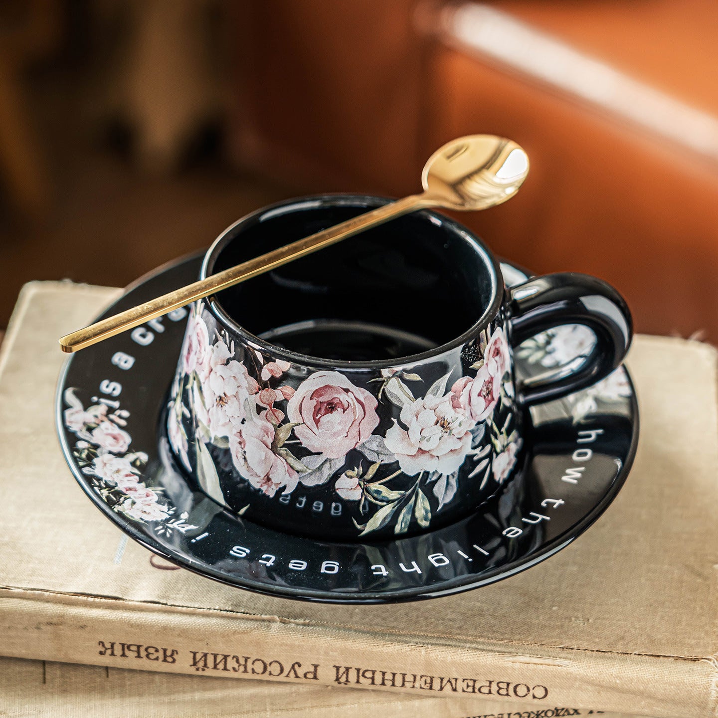 French Floral Porcelain Coffee Cup and Saucer Set, 12oz Botanical Tea Cup, Vintage Style Espresso Mugs with Antique Flower Print, Microwave Safe