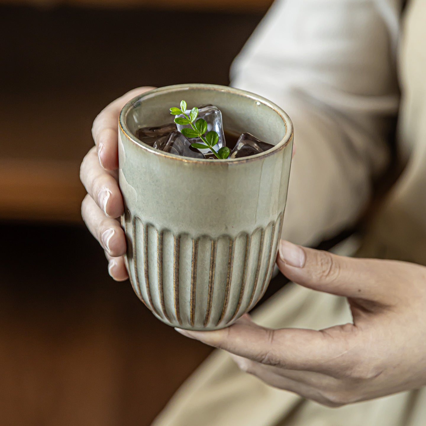 Japanese Kiln Change Glaze Ceramic Cup - Handleless Zen Style Tea/Wine Glass, 230ml, Beige & Grey