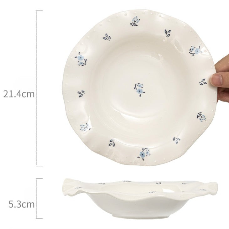 French Style Scalloped Ceramic Plate | 8.4 inch Retro Floral Dinner Plate for Salad, Pasta & Fruit | Vintage Aesthetic Dishes