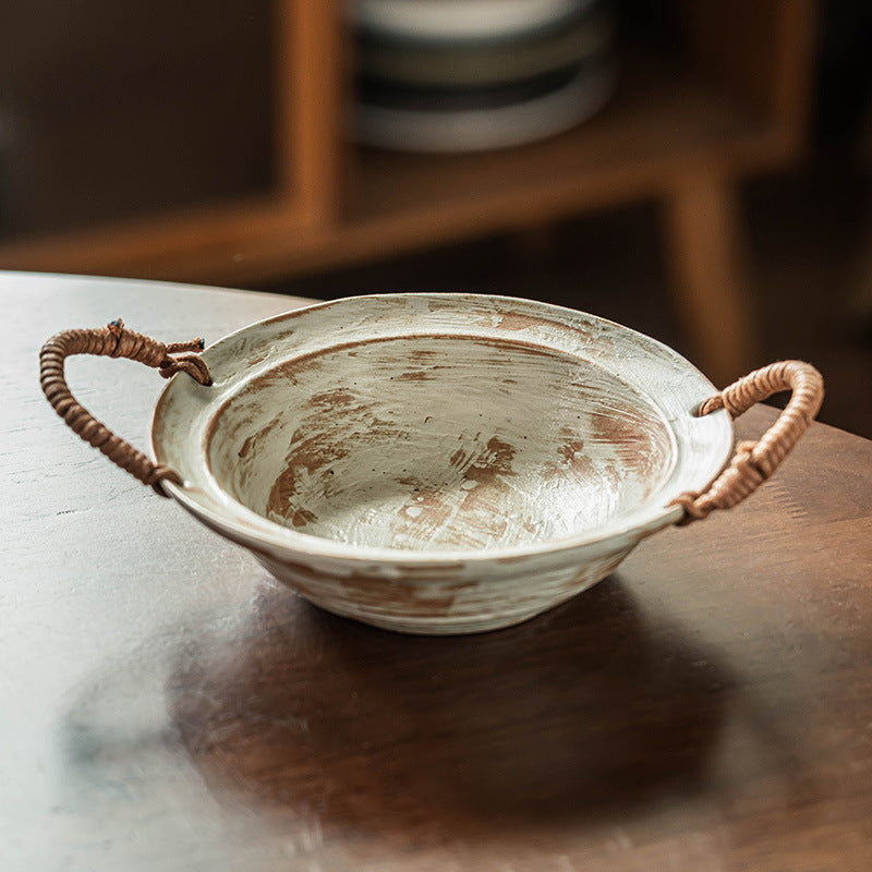 Retro Rope Handle Ceramic Bowl - Japanese Style Earthenware Deep Plate for Salad, Noodle, Soup (6.3" / 7.5")