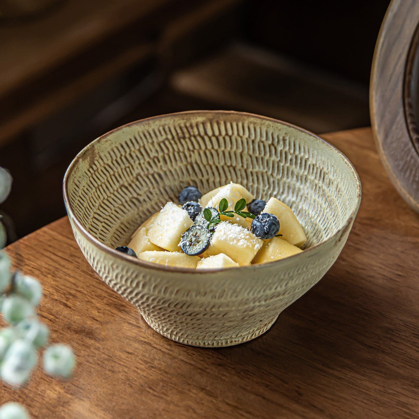 Rustic High-Heel Ceramic Salad Bowl, 6.5 inch Japanese Style Stoneware Yogurt Bowl, Vintage Kiln-Glazed Footed Dessert Bowl, Microwave Safe