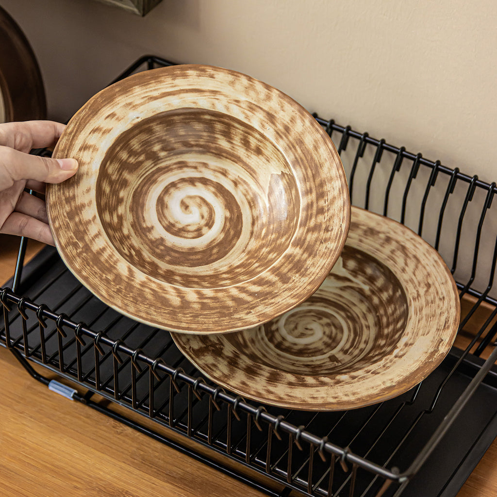 Vintage Reactive Glaze Ceramic Plate - 8.2 inch Rustic Pasta Salad Dish, Brown Swirl Design, Microwave Safe Tableware