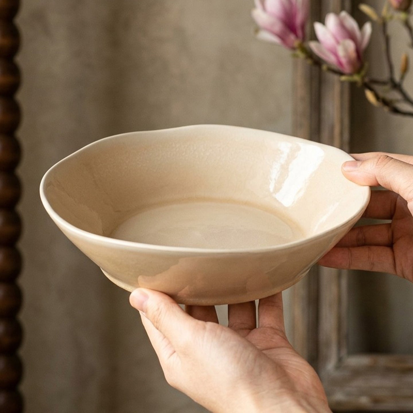Underglaze Autumn Ceramic Bowl, 8.4 inch Large Relief Salad Soup Dish, Vintage Style Rustic Tableware, Microwave Safe Stoneware