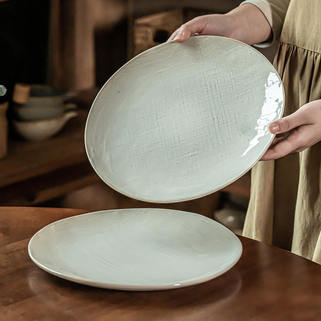 Textured Linen-Look Ceramic Plate, 10.6 inch Large Round Dinnerware, Vintage Style Buffet Serving Dish, Microwave Safe Tableware