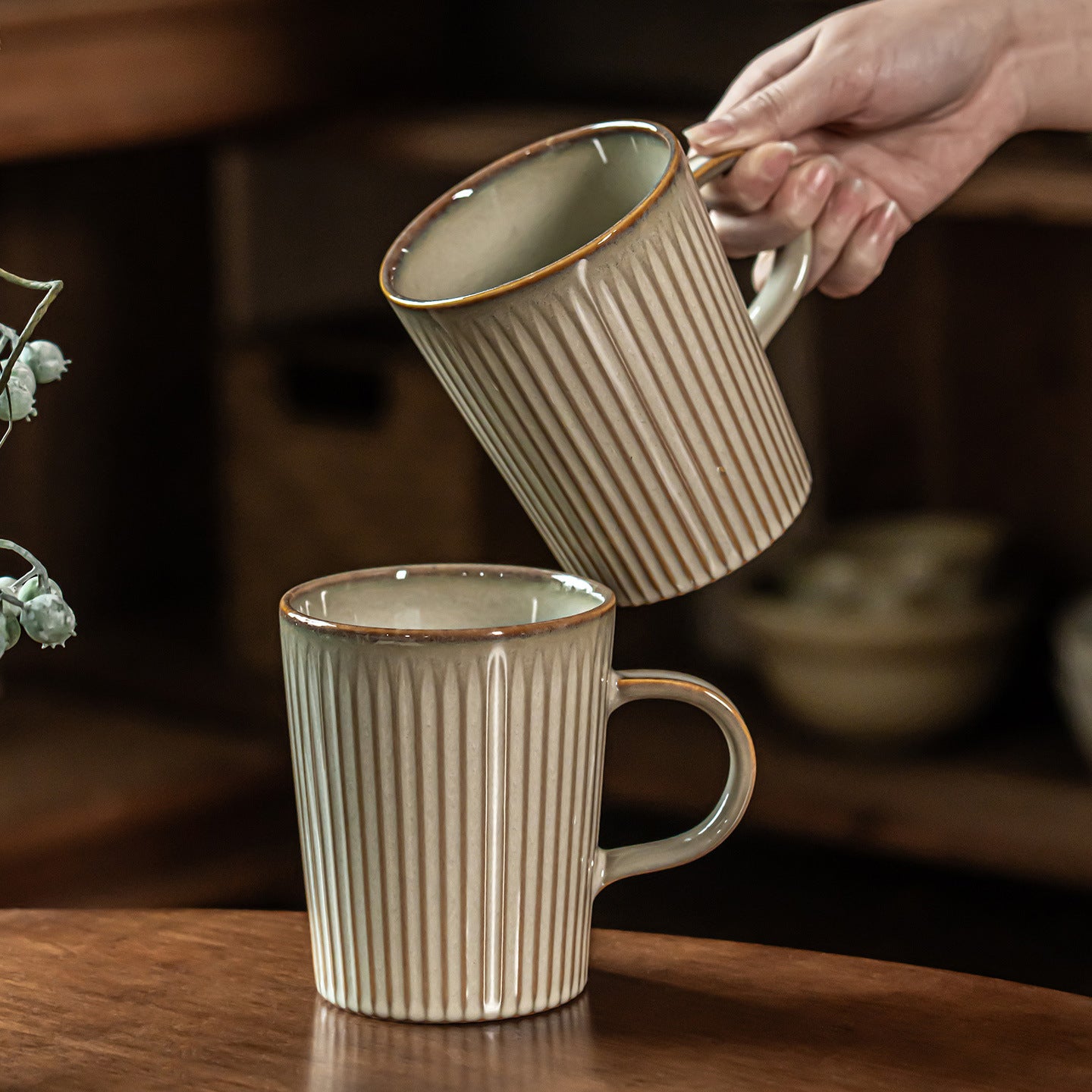 Textured Vertical Ribbed Ceramic Mug, 20oz Japanese Wabi-Sabi Style Coffee Cup, Vintage Rough Stoneware Tea Mug, Dishwasher Safe