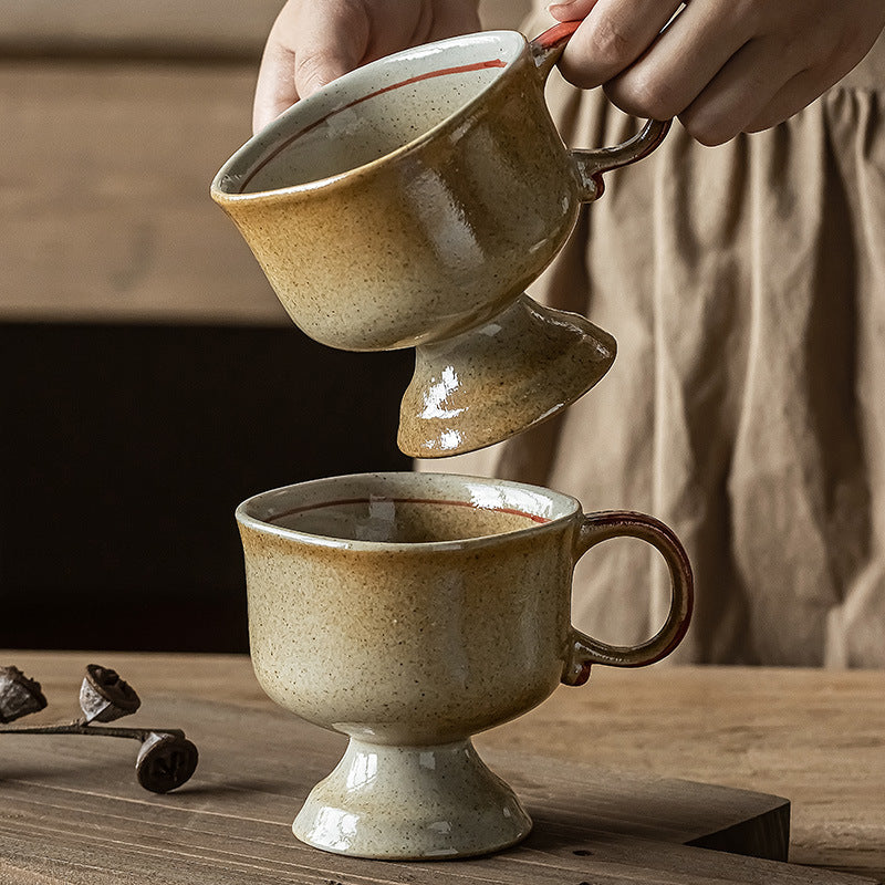 Vintage High-Stem Ceramic Coffee Cup | "Moye Brown" Wabi-Sabi Glaze | Unique Handcrafted Mug | Imperfect Beauty Style