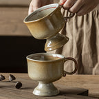Vintage High-Stem Ceramic Coffee Cup | "Moye Brown" Wabi-Sabi Glaze | Unique Handcrafted Mug | Imperfect Beauty Style
