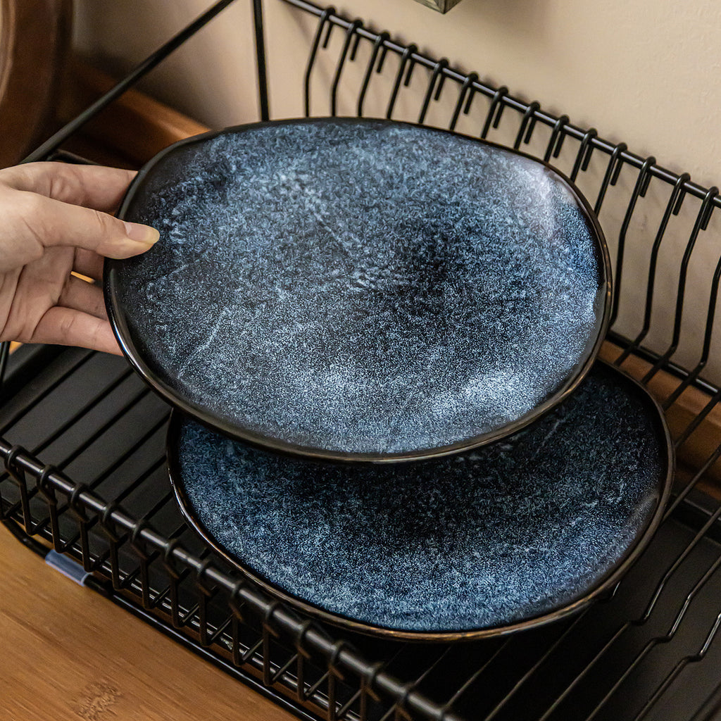 Chengyun Blue Irregular Ceramic Plate, 8 inch Vintage Kiln-Glazed Salad Plate, Luxury Retro Style Stoneware Dinner Dish, Microwave Safe