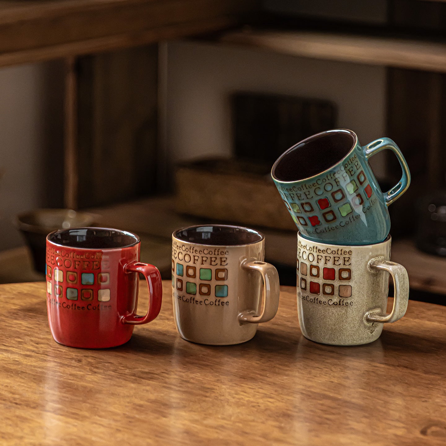 Retro Gingham Ceramic Mug - 400ml Vintage Breakfast Coffee Cup for Home, Office & Couples