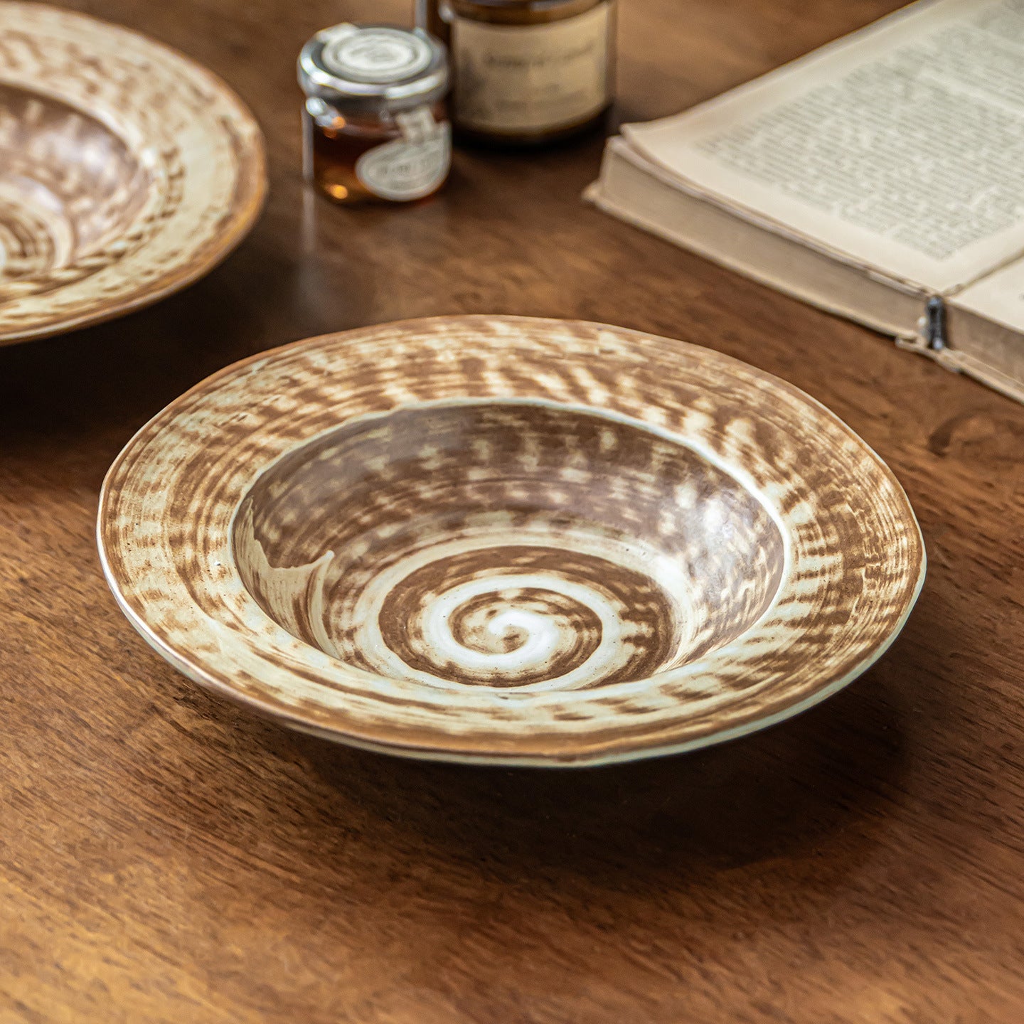Vintage Reactive Glaze Ceramic Plate - 8.2 inch Rustic Pasta Salad Dish, Brown Swirl Design, Microwave Safe Tableware