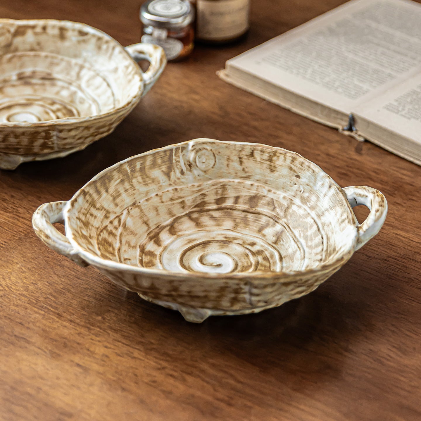 Rustic Double-Ear Ceramic Bowl, 7.5 inch Japanese Style Stoneware Salad & Ramen Bowl, Vintage Kiln-Glazed Soup Bowl with Handles, Microwave Safe