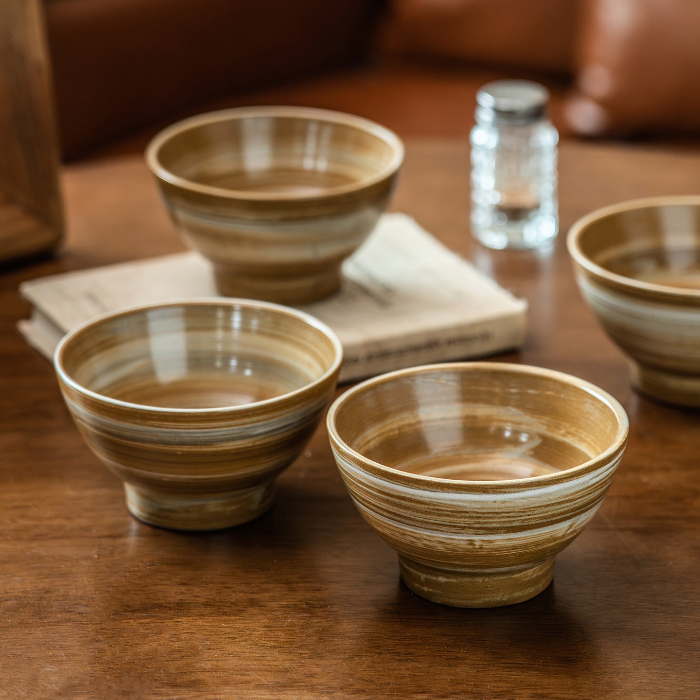 Vintage Brushed Ceramic Bowl - High Foot Rice Bowl, 5 Inch Retro Pasta / Dessert / Sushi Dipping Bowl, Matte Glaze Tableware for Home & Restaurant