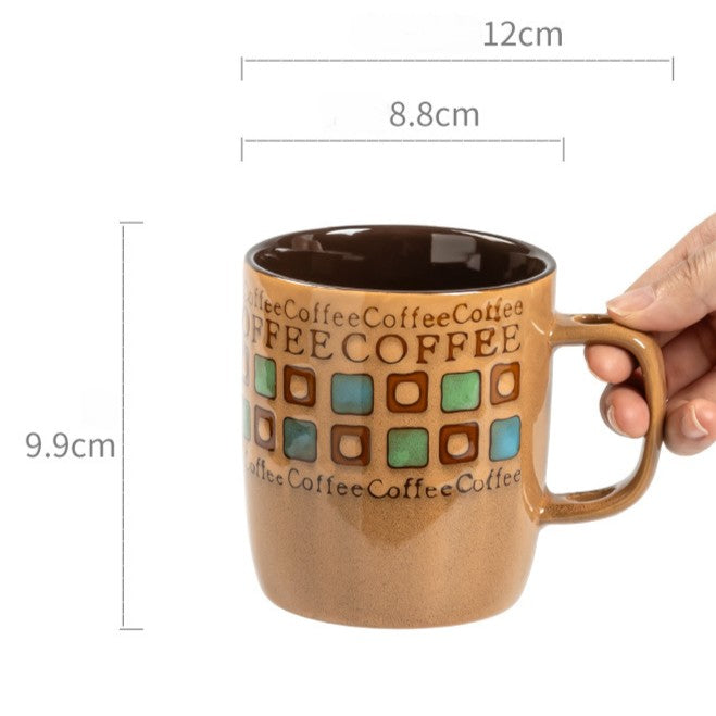 Retro Gingham Ceramic Mug - 400ml Vintage Breakfast Coffee Cup for Home, Office & Couples