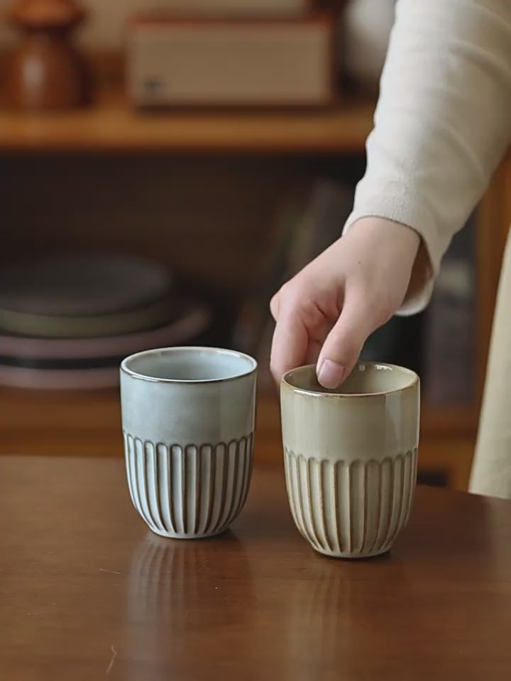Japanese Kiln Change Glaze Ceramic Cup - Handleless Zen Style Tea/Wine Glass, 230ml, Beige & Grey