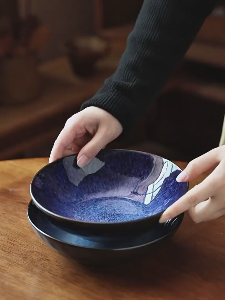 Misty Blue Kiln-Glazed Ceramic Salad Bowl, 7.4 inch Vintage Gradient Stoneware Soup Bowl, Luxury Retro Style Pasta & Noodle Bowl, Microwave Safe