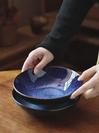 Misty Blue Kiln-Glazed Ceramic Salad Bowl, 7.4 inch Vintage Gradient Stoneware Soup Bowl, Luxury Retro Style Pasta & Noodle Bowl, Microwave Safe
