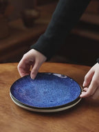 Vintage Ceramic Pasta Plate - 8.2 inch Round Salad Dessert Dish, Blue Swirl Glaze, Microwave Safe Tableware