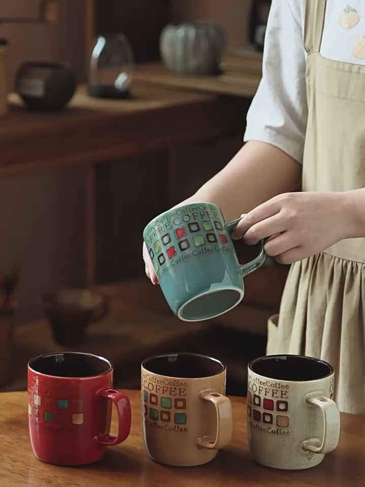 Retro Gingham Ceramic Mug - 400ml Vintage Breakfast Coffee Cup for Home, Office & Couples