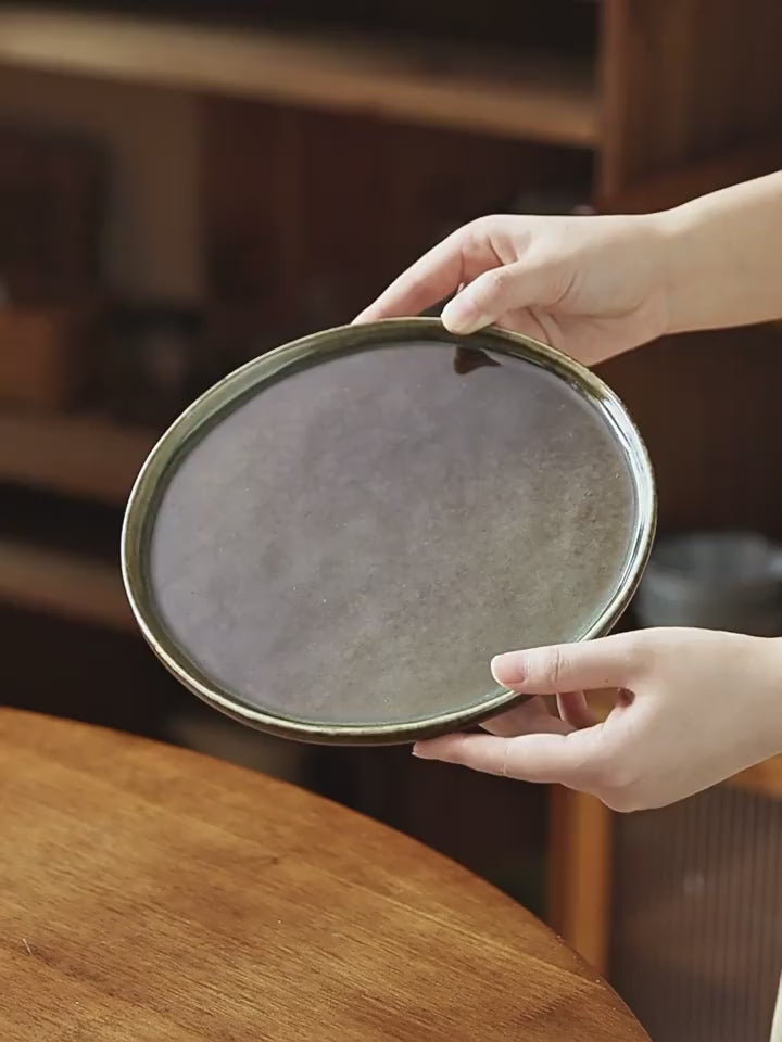 Reactive Glaze Ceramic Dinner Plate | 8.4" Handcrafted Vintage Round Dish | Mist Green Color | Microwave Safe